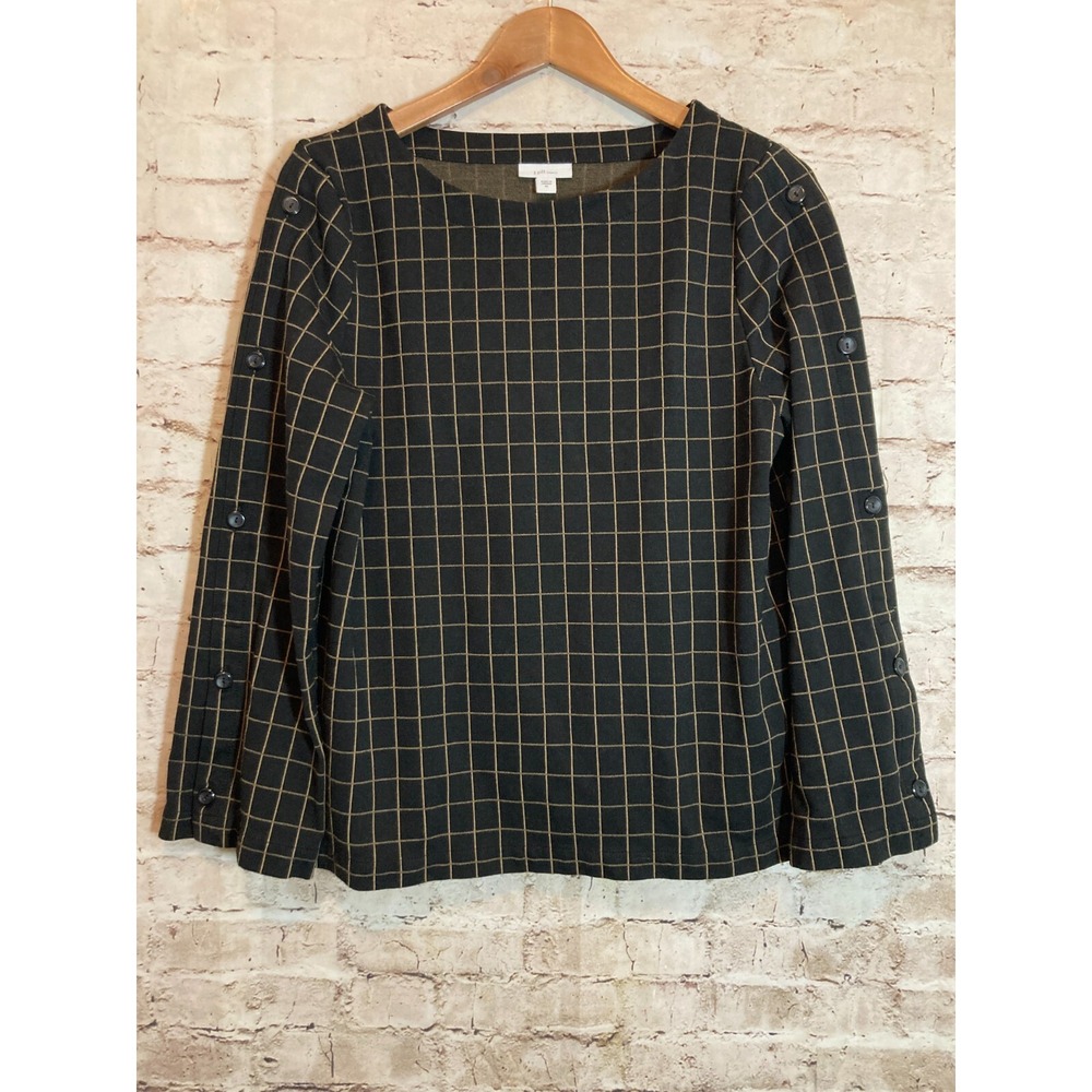 J. Jill Ponte Top Womens Medium Black & Tan Check Print Button Detail Sleeve